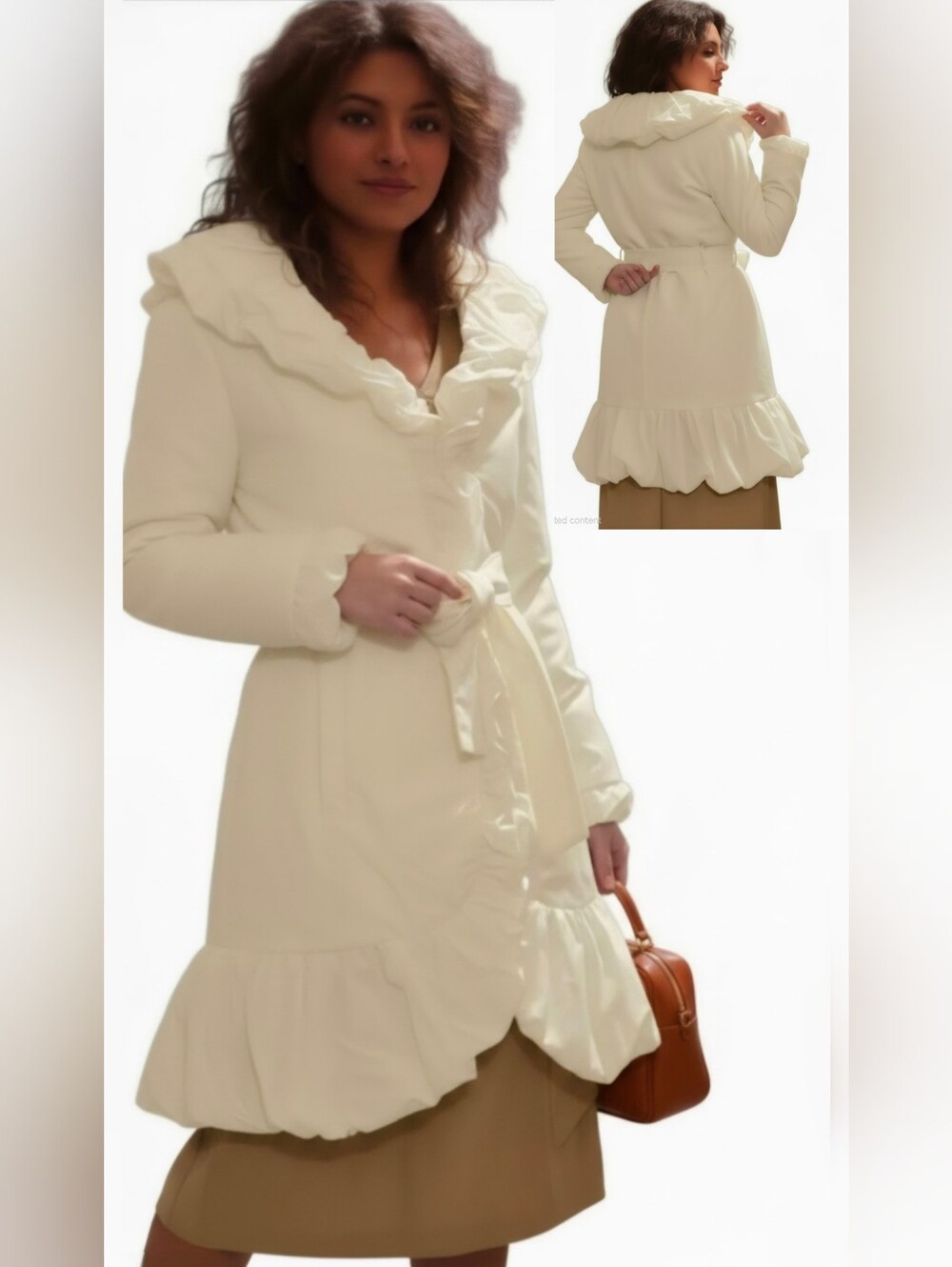 Bebe Ivory Ruffle-Trimmed Trench Coat with Belt Size Small, Like New.
